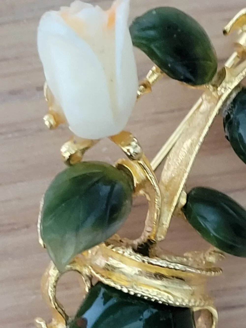 Vtg SWOBODA Carved Coral, Jade & Pearl Gold Leaf Brooch Pin Unsigned Flower Pot